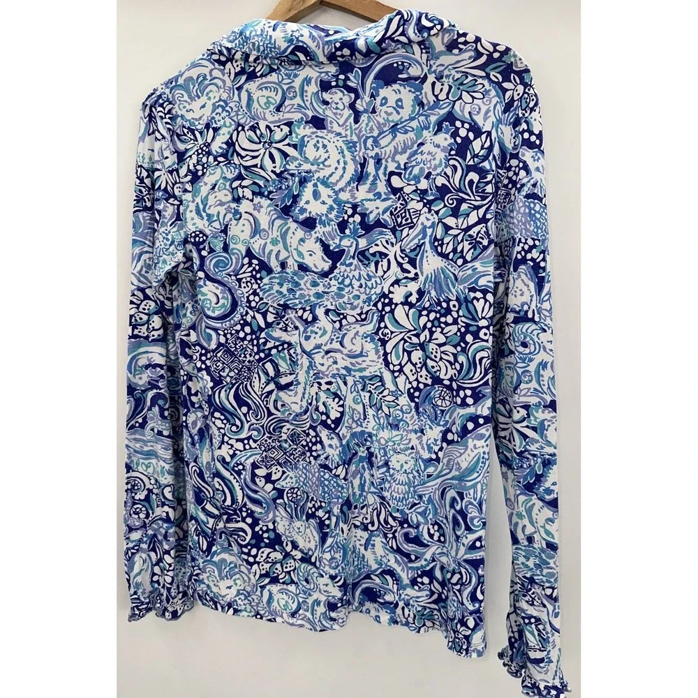 Lilly Pulitzer PJ Button Front Top Womens Blue Hidden Animals Ruffle Sleeve S - Picture 6 of 7